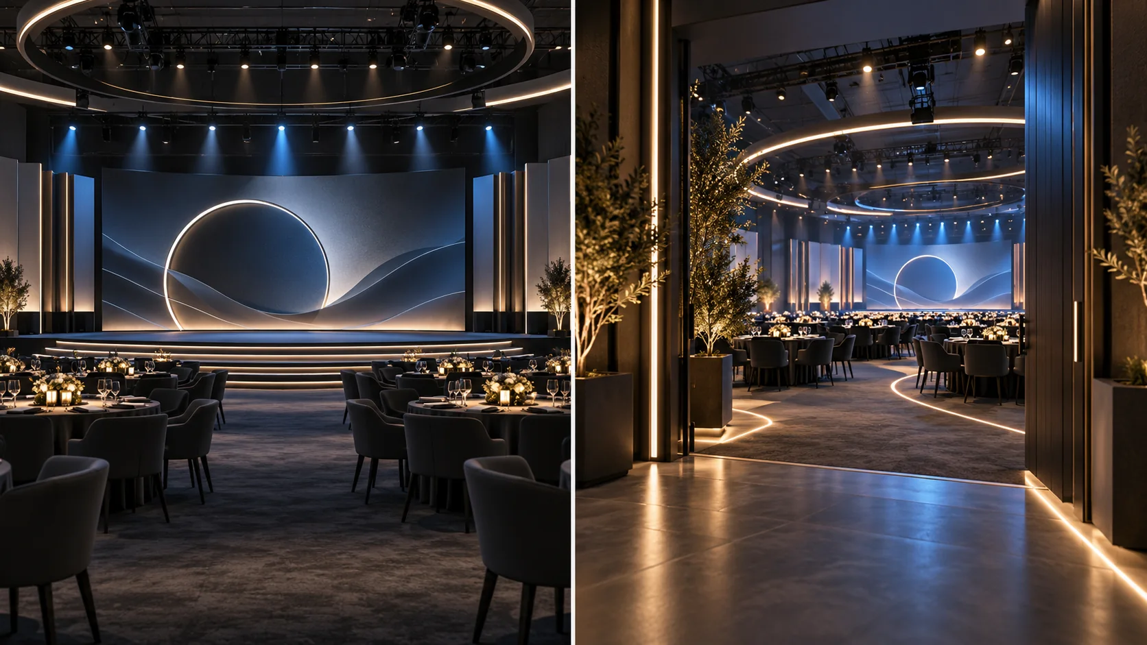 Side-by-side event visualization showing a detailed stage render and a camera path moving through the same event space.