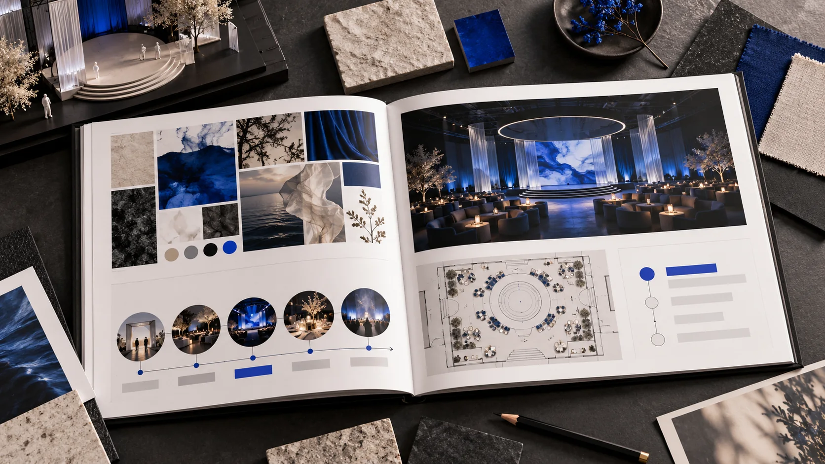Event concept pitch deck spread showing a central theme, guest journey map, stage visualization and decision page.