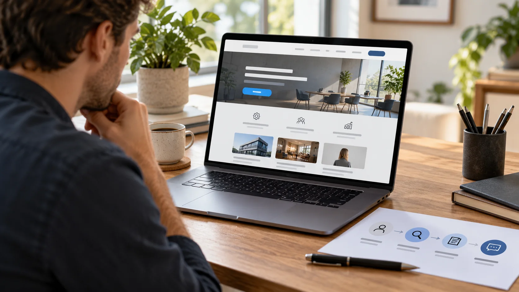Business website journey visual showing visitors moving from a clear offer through proof to an enquiry action.