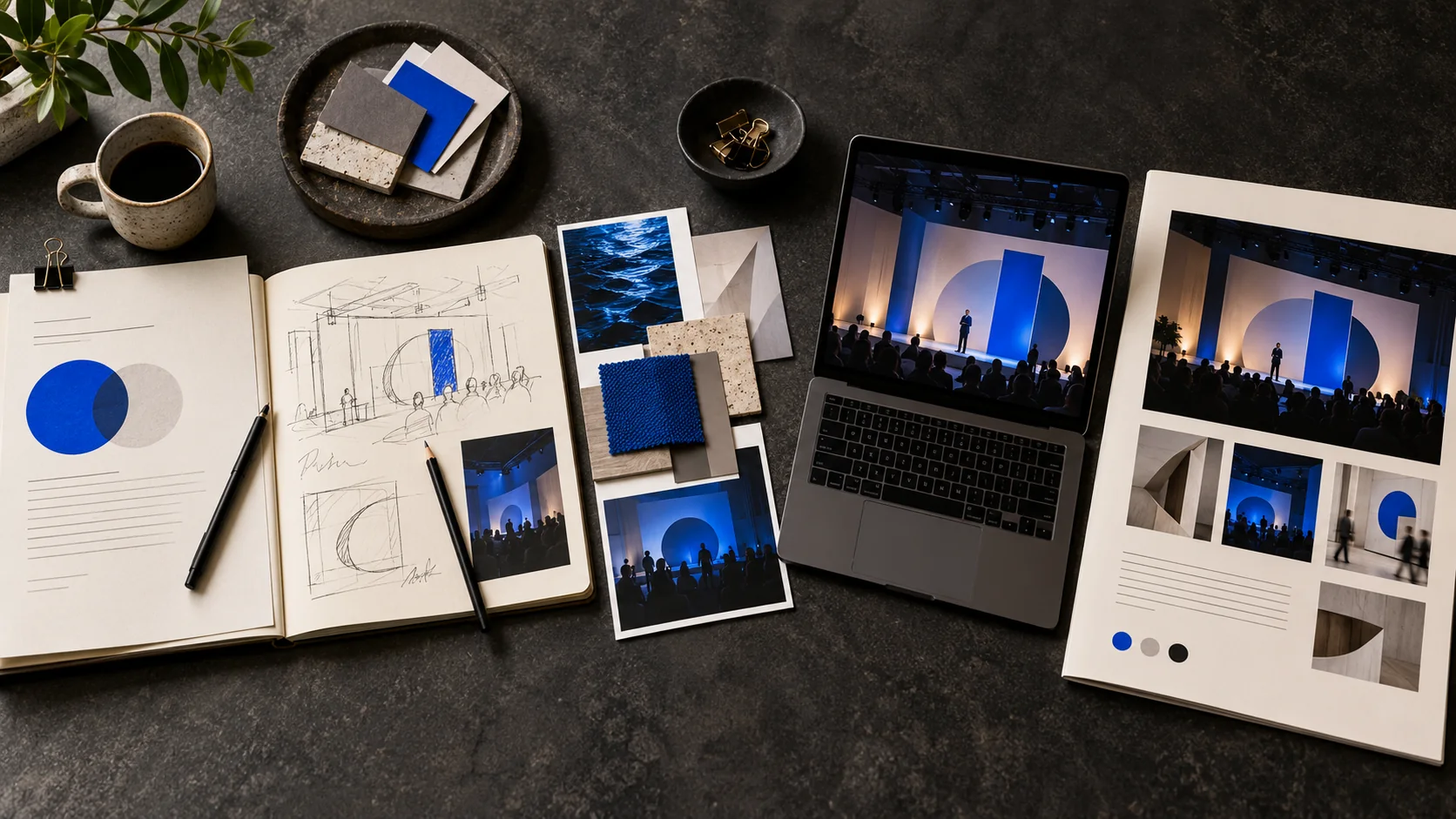 A project case study board connecting the original brief, creative process, visual work and final deliverable.