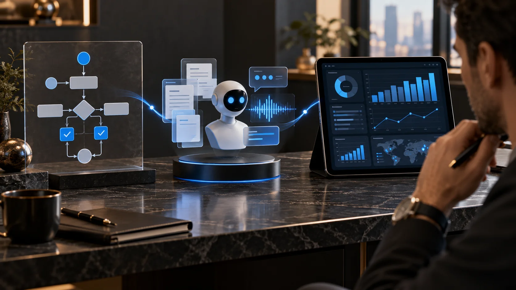 Decision path comparing an AI assistant, rule-based workflow automation and a custom business dashboard.