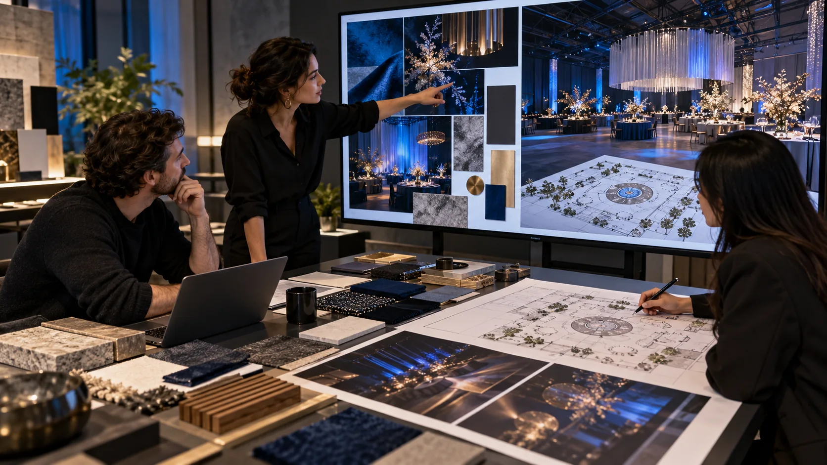 Creative team reviewing AI-assisted event concept visuals alongside a real venue plan and production checklist.