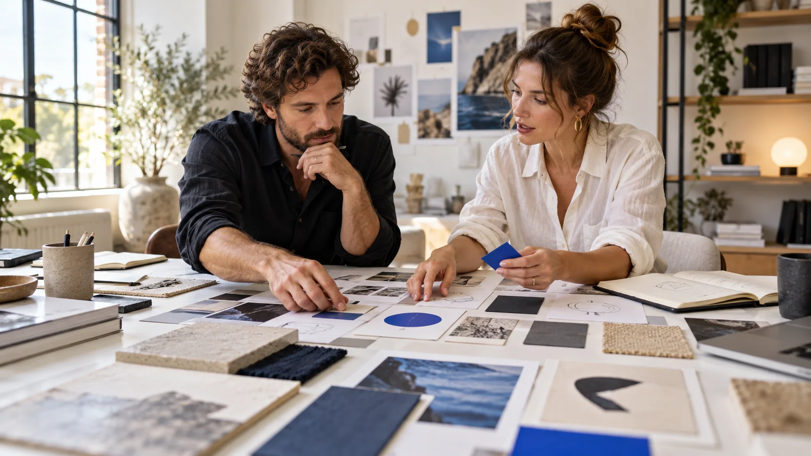 Founder and creative strategist arranging audience, offer, message and visual direction cards into one brand concept.