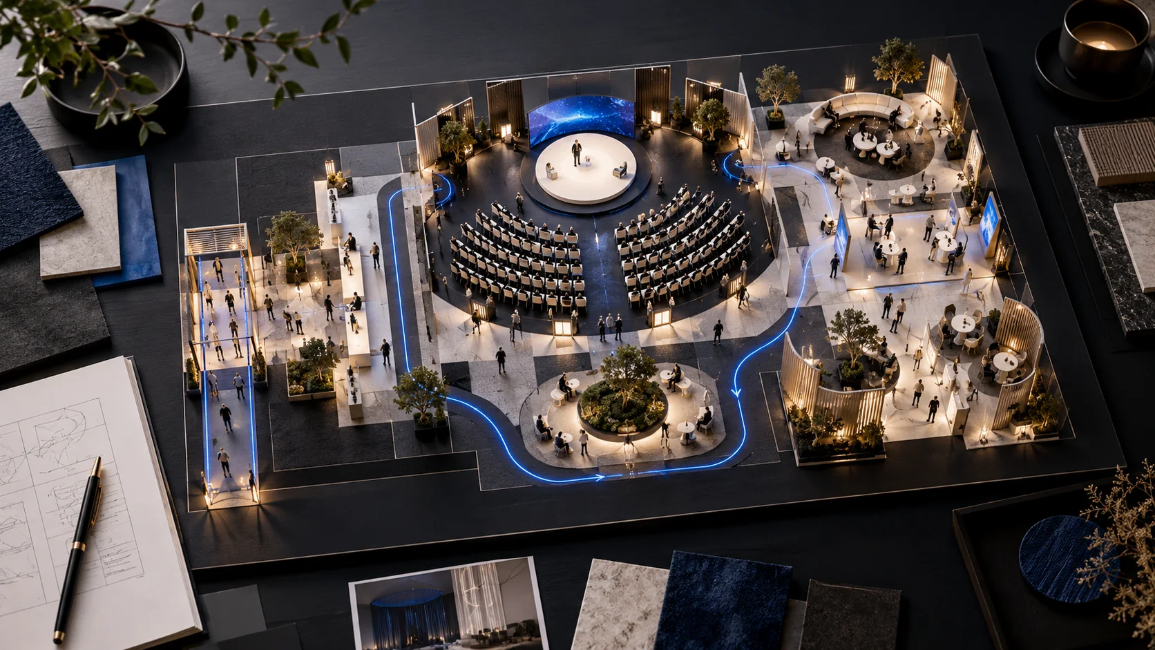 Overhead event concept board showing guest arrival, registration, stage, experience zones, and walking routes.